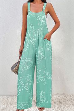 Printed Wide Strap Jumpsuit – Charming Charlie Printed Casual Relaxed Fit Jumpsuits And Rompers, Casual Printed Relaxed Fit Jumpsuits And Rompers, Casual Relaxed Fit Printed Jumpsuits And Rompers, Casual Green Floral Print Jumpsuit, Style Salopette, Straps Jumpsuit, Jumpsuit With Pockets, Loose Jumpsuit, Mini Robes