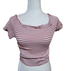 Active Usa Dusty Rose Pink And Creme/White Stripe Crop Top Short Sleeve, Can Be Worn On Or Off Shoulder Rayon Knit With Spandex For Stretch New Without Tags, No Signs Of Wear Approximate Measurements Laid Flat Without Stretching: 14" Pit To Pit, But Has Tons Of Stretch And Is Meant To Hug Your Curves! 16" Total Length Features: Spring, Summer Stripe Made In Vietnam Machine Washable Size: Womens L Condition: Pre-Owned Like New Feminine Striped Summer Tops, Feminine Striped Tops For Summer, Feminine Pink Crop Top, Striped Fitted Cute Top, Pink Stretch Tops For Day Out, Pink Stretch Top For Day Out, Stretch Pink Tops For Day Out, Fitted Pink Summer Top, Blue Tube Top