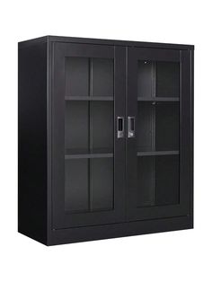 a large black cabinet with glass doors