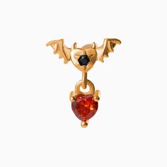 Make 'em swoon with this Bat Heart Drop Earring! Crafted in gold/silver stainless steel and bedazzled with a Red Heart Cubic Zirconia, this earring go great with any spooky-cute outfit or costume. Perfect for adding a bit of edge to any look! It'll set your heart a-flutter. Gothic Heart-shaped Pierced Jewelry, Gothic Piercings For Halloween Gift, Gold Heart-shaped Body Jewelry As Gift, Gothic Gold Heart-shaped Jewelry, Gothic Gold Heart Jewelry, Gothic Gold Body Jewelry Gift, Heart-shaped Metal Jewelry For Halloween, Halloween Heart-shaped Metal Jewelry, Gold Dangle Halloween Jewelry