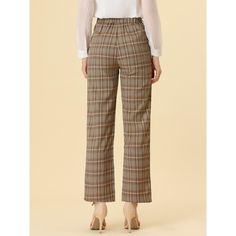 These pants are essential for dressing up or down. Lightweight fabric, covered in a plaid pattern, shapes these trendy trousers with a high-rise fit. How it is a bit high waist and how it gathers at the waist adding shape to the body. You may love everything about these trousers, from their regular fit to the elastic high-waist, which could double as a hiding mechanism for women with love handles. Style these trousers with a crop top and heels for the ultimate look. This fashionable and trendy c Plaid Pants For Workwear, Plaid Pants For Business Casual, Plaid Casual Pants For Business Casual, Plaid Straight Pants For Office, Plaid Trousers For Office, Plaid Bottoms For Workwear In Winter, Plaid Long Pants For Work, Plaid Workwear Pants With Elastic Waistband, Trendy Plaid Pants For Workwear