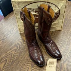 These Boots Are In Like New Condition. Only Worn A Few Times And Recently Shinned Up Professionally. They Are Size 11 C And Come In Original Box And Packaging. I Am Only Selling As I Cannot Wear Any Longer. Western Boots With Leather Sole For Formal Occasions, Classic Boots With Heel Tab And Closed Toe, Classic Closed Toe Boots With Heel Tab, Classic Closed Toe Boots With Heel Pull Tab, Western Leather Boots For Formal Occasions, Elegant Leather Boots For Western-themed Events, Snip Toe Boots With Reinforced Heel For Galas, Formal Western Boots With Almond Toe, Brown Snip Toe Boots For Galas