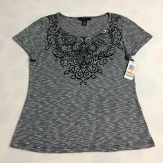 Style & Co Embellished Neckline Tee - Nwt Size Small (Fits More Like A Loose Small Or Medium) Machine Wash, Gentle Pet Free - Smoke Free Home Embellished Stretch Tops, Spring Silver Crew Neck Tops, Silver Stretch Top For Spring, Silver Stretch Tops For Spring, Embellished Silver Summer Top, Spring Silver Embellished Top, Embellished Neckline, Women's Style, Black Silver