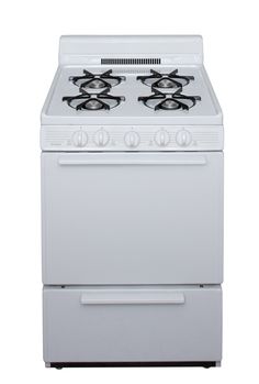 a white stove top oven sitting on top of a counter