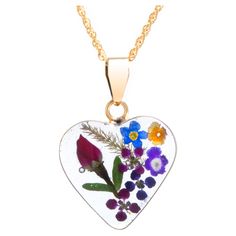 Fine Jewelry Pendants Multicolor Gold, Vintage Accent Chair Target, Flowers Heart, Pressed Flower Necklace, Heart Chain, Silver Heart Pendant, Sterling Silver Flowers, Pressed Flower, Small Heart, Romantic Style