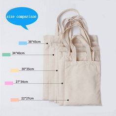 three canvas bags with measurements for each bag and the size comparison between them on a white background