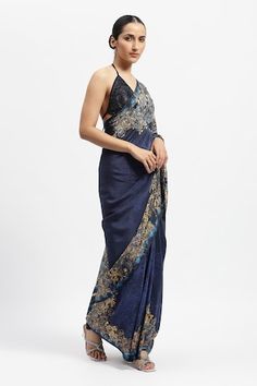 Royal blue saree featuring floral bloom print all over embellished with lace work. Paired with a running blouse piece. - Aza Fashions Elegant Evening Saree With Floral Embroidery, Elegant Floral Embroidered Saree For Evening, Elegant Floral Embroidered Evening Saree, Elegant Pre-draped Saree With Floral Embroidery In Art Silk, Evening Saree With Floral Embroidery, Blue Silk Pre-draped Saree With Floral Embroidery, Elegant Cotton Silk Pre-draped Saree With Floral Embroidery, Royal Blue Saree, Satya Paul