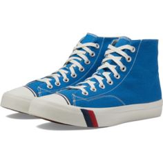 Pro-Keds Royal Hi Lace Up Cotton Sneakers With Rubber Sole For Sports, Blue Cotton Sneakers With Laces, Comfortable Cotton Sneakers For Sports, Casual Cotton High-top Sneakers For Sports, Blue Sporty High-top Sneakers With Cotton Material, Blue Cotton Sneakers, Blue Canvas Sneakers With Cushioned Footbed, Breathable Canvas Sneakers With White Sole, High-top Cotton Sneakers For Sports