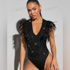 Shein Bae Women's Feather Patchwork Sequin Bodysuit Size Small 4 Sleeveless Black Glamorous Bodysuit, Glamorous Black Sleeveless Bodysuit, Glamorous Black Stretch Bodysuit, Glamorous Fitted Black Bodysuit, Glamorous Black Summer Bodysuit, Black V-neck Bodysuit For Club, Black V-neck Bodysuit For Party, Tops Shein, Sequin Bodysuit