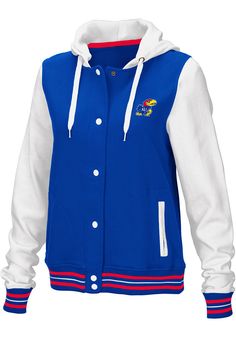 a women's blue and white hoodie jacket with an eagle embroidered on the front