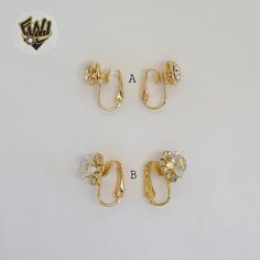 Description: -Zircon Clip Earrings. -Material: 18k Gold Overlay (BGO). -Size: Width. -A: 9mm. -B: 11.5mm. Select the Desired Style. Gold Diamond Clip-on Earrings, Wedding Yellow Gold Clip-on Diamond Earrings, Classic Gold Diamond Clip-on Earrings, Formal Diamond Gold Clip-on Earrings, Formal Round Clip-on Earrings With Prong Setting, Gold Plated Round Clip-on Earrings For Wedding, Formal Cubic Zirconia Earrings With Screw Back, Yellow Gold Screw Back Wedding Earrings, Wedding Earrings In Yellow Gold With Screw Back