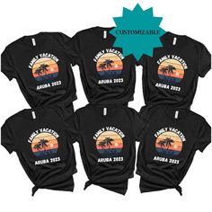 Make your next family vacation memorable with these custom family vacation shirts! Everyone can showcase their unique style with these personalized shirts. Available in a variety of sizes and colors, these custom vacation shirts will have your entire family looking their best. Whether you're headed to the beach or the mountains, these custom beach shirts will make sure everyone is dressed for the occasion. Show off your family's unity with these personalized family shirt designs. Make your next Customizable Cotton T-shirt For Vacation, Relaxed Fit Family Matching Tops For Vacation, Personalized Family Matching T-shirt For Summer, Vacation Letter Print Tops For Family Reunion, Casual T-shirt For Family Reunion Vacation, Black Custom Print Shirt For Beach, Relaxed Fit Family Matching T-shirt For Vacation, Family Matching Relaxed Fit T-shirt For Vacation, Black Short Sleeve Top For Family Vacation