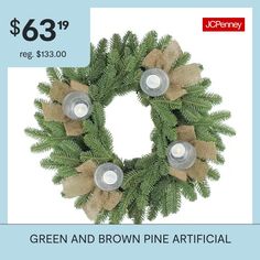 a green and brown pine artificial wreath with lights on the front, $ 63 99