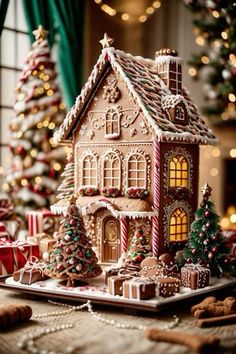 a gingerbread house with christmas decorations on the table