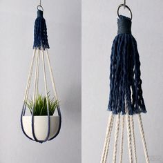 two hanging planters with plants in them, one is blue and the other is white