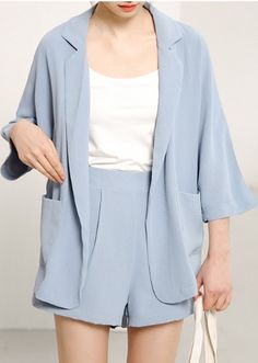 $49.90 - Beautiful blue pastel two piece formal suit blazer and shorts loose fitted. For women and ladies. Office Wear Sets With Pockets And Long Sleeves, Long Sleeve Sets With Pockets For Office, Chic Summer Outerwear With Pockets, Summer Workwear Outerwear With Pockets, Chic Long Sleeve Sets With Pockets, Spring Office Wear Blazer With Pockets, Chic Fall Sets With Pockets, Spring Office Wear Sets With Long Sleeves, Long Sleeve Sets For Office Wear In Spring