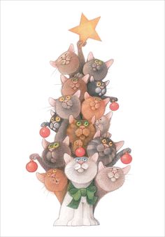 a christmas tree with many cats on it and a star in the top right corner