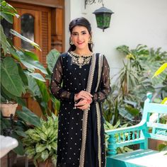 Black Pakistani Three Piece Dress With Gorgeous Embroidery On The Dress And A Stunning Embroidered Dupatta. The Pants Are Simple And The Sleeves Are Not Lined So Please Note If You’re Hijabi. It’s A Simple Dress But Can Be Worn Up Or Down. Brand New And Multiple Sizes Available. Black Semi-stitched Palazzo Set With Mirror Work, Festive Black Georgette Salwar Kameez, Bollywood Style Black Palazzo Set For Festive Season, Bollywood Style Black Palazzo Set For Festive Occasions, Bollywood Style Black Palazzo Set For Eid, Festive Bollywood Style Black Palazzo Set, Bollywood Black Palazzo Set For Eid, Black Georgette Salwar Kameez For Navratri, Black Georgette Salwar Kameez For Diwali