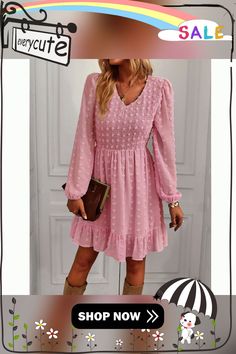 Pink Swiss Dot V Neck Pleated Long Sleeve Dress Long Sleeve Polka Dot Mini Dress For Spring, Polka Dot Casual Mini Dress For Fall, Casual Polka Dot Mini Dress For Fall, Casual Mini Dress With Polka Dots For Fall, Casual Polka-dotted Mini Dress For Fall, Swiss Dot, Mini Dresses, Women Dresses, Sleeve Dress