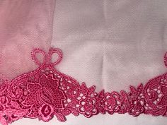 3 yards of pale pink mesh with bubblegum pink scalloped embroidery.   Approximately 10" wide Pink Embroidered Fabric With Floral Applique For Party, Pink Floral Embroidery Lace For Party, Pink Floral Embroidered Lace For Party, Pink Lace With Floral Embroidery For Party, Pink Floral Embroidered Tulle Fabric For Party, Pink Tulle Fabric With Floral Embroidery For Party, Pink Embroidered Lace For Party, Pink Tulle Fabric With Floral Embroidery, Embroidered Pink Lace Tulle Fabric