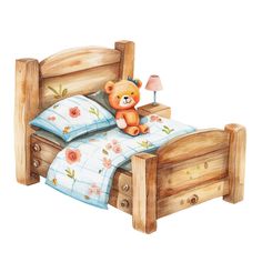 a watercolor drawing of a teddy bear on a bed with blue and white sheets