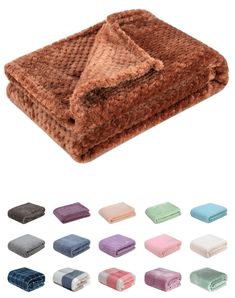 various colors of blankets are shown in this image, including one brown and one blue