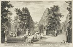 an old drawing of people standing around in the park