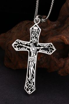 Intricate Crucifix Necklace As A Gift, Intricate Crucifix Necklace For Gift, Crucifix Necklace With Intricate Design For Gifts, Classic Engraved Crucifix Jewelry, Classic Engraved Crucifix Necklace, Silver Cross Necklace For Father's Day Gift, Spiritual Engraved Necklace For Father's Day, Engraved Crucifix Jewelry Gift, Intricate Cross Necklace As Gift