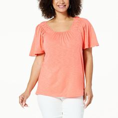 Colleen Lopez Flounce-Sleeve Knit Top    Add the perfect touch of style to your spring and summer looks with this fun, fashionable flounce-sleeve top. Spring Crew Neck Stretch Knit Top, Solid Color Flutter Sleeve Tops For Fall, Solid Flutter Sleeve Tops For Fall, Fall Flutter Sleeve Solid Tops, Fall Solid Color Tops With Flutter Sleeves, Casual Flutter Sleeve Blouse For Fall, Spring Cotton Stretch Knit Top, Casual Flutter Sleeve Top For Spring, Relaxed Fit Flutter Sleeve Tops For Spring