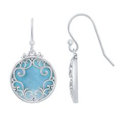 Make a statement with these gorgeous sterling silver larimar filigree drop earrings. Make a statement with these gorgeous sterling silver larimar filigree drop earrings.Click on this JEWELRY & WATCHES GUIDE to learn about fit, styles, materials and more! Length: 1 in. Backings: Frenchwire Metal: sterling silver Plating: rhodium Finish: polished Packaging: boxedSTONE DETAILS Stone type: larimar Total weight: 5 ct. Shape: round Setting: bezel Gemstones may have been treated to enhance their appear Elegant Turquoise Larimar Jewelry, Elegant Larimar Dangle Earrings, Silver Larimar Dangle Earrings, Silver Larimar Dangle Jewelry, Elegant Larimar Jewelry, Elegant Round Larimar Jewelry, Gender Female, Jewelry Earrings Dangle, Age Group