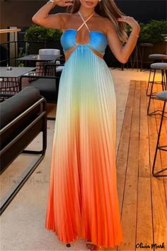 Olivia Mark - Elegant Long Sleeveless Vacation Dress with Belted Pleats Maxi Halter Dress, Dress Elegant Long, Long Formal Gowns, Vacation Dress, Beautiful Prom Dresses, Vacation Outfit, Halter Maxi, Vacation Dresses, 15 Dresses