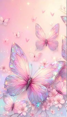 some pink butterflies are flying in the sky