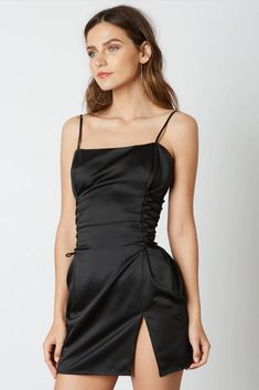 Sexy Black Satin Mini Dress Satin Mini Dress With Boning For Cocktail, Satin Mini Dress With Adjustable Straps For Date Night, Satin Prom Dress With Boning Details, Satin Prom Dress With Boning, Chic Satin Slip Dress With Boning, Satin Mini Dress With Corset Back For Evening, Backless Satin Dress With Corset Back For Party, Backless Satin Party Dress With Corset Back, Evening Satin Mini Dress With Corset Back