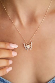 Adorn yourself with the enchanting beauty of our gold butterfly necklace, meticulously crafted from solid gold. This handmade jewelry piece is perfect for any woman who loves delicate and minimalist designs, making it an ideal birthday gift or a charming addition to your summer wardrobe. 🦋 Butterfly Pendant: Features a beautifully detailed butterfly pendant, symbolizing transformation and grace. 🌟 High quality 14k solid gold for lasting shine and durability. 🌿 Expertly handcrafted for superio Elegant 14k Gold Butterfly Jewelry, Delicate Butterfly White Gold Jewelry, Delicate White Gold Butterfly Jewelry, Yellow Gold Butterfly Jewelry For Wedding, Elegant Yellow Gold Butterfly Jewelry, Fine Jewelry Butterfly Necklace For Anniversary, Butterfly Shaped Fine Jewelry Necklace For Anniversary, Delicate Yellow Gold Butterfly Pendant Necklace, 14k Gold Butterfly Jewelry For Wedding