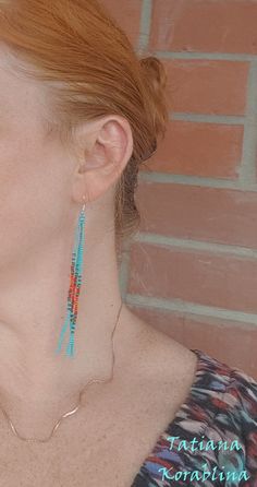 These handmade earrings are made of high-quality Czech beads and strong synthetic thread. They are elegant, fashionable, and highly versatile, suitable for everyday wear. There may be some color discrepancies which is due to the different monitor settings 100% hand made with love! Measurements: Length-about 11cm (4.3 inch) Width -about 0.5 cm (0.2 inch) Materials: Sterling silver components Czech glass beads Strong bead weaving thread Turquoise Tassel Earrings With Dangling Beads, Adjustable Colorful Beads Tassel Drop Earrings, Handmade Turquoise Tassel Earrings, Turquoise Earrings With Tassels And Round Beads, Turquoise Dangle Beaded Earrings, Turquoise Tassel Drop Earrings With Colorful Beads, Turquoise Dangle Tassel Earrings For Festival, Turquoise Tassel Earrings With Colorful Beads, Turquoise Tassel Drop Earrings