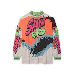 SAINT Mxxxxxx's T-shirt is modelled after vibrant motorsport race kit. Printed with '90s-inspired graphics and logos, it's made from breathable cotton-jersey and cut with a raw-edged, extended back hem. Multicolor Letter Print Tops For Streetwear, Sporty Multicolor Tops With Logo Print, Multicolor Logo Print Top For Streetwear, Multicolor Graphic Print Top For Streetwear, Multicolor Logo Print T-shirt For Streetwear, Sporty Multicolor Graphic Print Top, Multicolor Streetwear Tops With Screen Print, Retro Multicolor Sports Tops, Multicolor Screen Print Tops For Streetwear