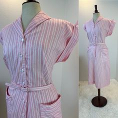 1940s Dress / 40s dress / 1940s fashion / 1940s striped dress / 1940s day dress / 1940s summer dress / vintage dress / vintage striped dress This beauty was made by Cotton city and has fantastic 1940's summer style. She is a red and white striped classic 1940's daydress cut. She has red stripes and alternating red X and dots. I adore her spiked collar, cuffs and button placket.  She has two hip pockets, her original waist tie, pearlized buttons and so much 1940s style.    Measurements provided are flat and have been doubled. Bust 45" Waist 36" Hips 47"   Length 43" note: belt is set to 30.5"-34.5" ❤️ Condition: Excellent vintage condition. Flaw: none found. This item has been cleaned, it smells wonderful and is ready to wear. $188 includes domestic shipping and insurance. International shi 1940s Summer, Spiked Collar, Summer Dress Vintage, Vintage Striped Dress, Fashion 1940s, 40s Dress, Red X, Dresses 40s, 1940s Style