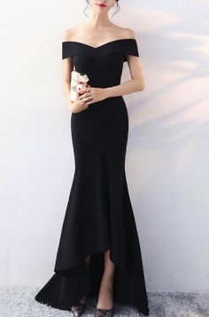 Black Off Shoulder High Low Evening Gowns, Black Evening Gowns Black, Black Dress Outfit Party, Party Dress Night, Black Prom Dress Short, Dress Outfits Party, Gowns Black, Party Dress Black, Black Party Dress, Black Off Shoulder