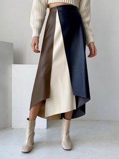 Chic Asymmetrical Patchwork Skirt, Fall Skirt With Asymmetrical Hem, Fall Skirt With Asymmetrical Hem And Lining, Fall Patchwork Asymmetrical Skirt, Asymmetrical Fitted Brown Skirt, Brown Asymmetrical Hem Skirt For Fall, Fall Brown Skirt With Asymmetrical Hem, Fitted High-low Hem Skirt For Fall, Chic Patchwork Skirt For Fall