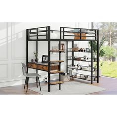 a loft bed with desk and shelves in the corner, next to a window that looks out onto a yard