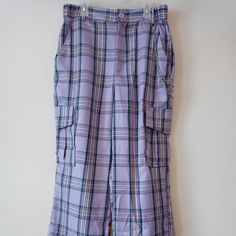 Straight Wide Leg Purple Plaid Pants With Chain Attached. Purple Wide Leg Cargo Pants For Spring, Spring Purple Wide Leg Cargo Pants, 90s Style Summer Trousers, High Waist 90s Style Pants For Summer, 90s High Waist Pants For Summer, 90s Style Trousers For Spring, 90s High Waist Summer Pants, 90s Style High-waisted Pants For Spring, 90s High-waisted Pants For Spring