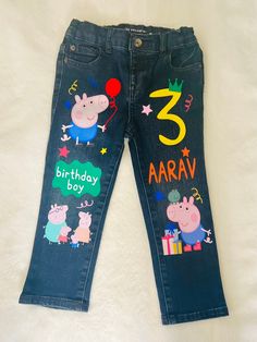 Celebrate your child's birthday with these boy customs birthday pant, Perfect for Peppa Pig theme birthday. Grab these pants and capture that special birthday moments with Pompae Custom stylish birthday sboy pants! Made using only commercial grade and high-quality materials- PLEASE NOTE  Garanimals brand jeans or children's place jean, whichever I have available, are used with my design.  Have Questions? Please message me anytime, a positive experience is what I strive for all of my customers! * Custom Birthday Pants, Peppa Pig Theme Birthday, Birthday Pants, George Pig, Boy Toddler, Toddler Birthday, Theme Birthday, Embroidered Clothes, Kids Pants