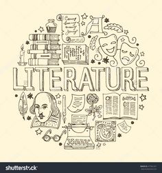 the word literature surrounded by hand drawn books and other items in a circle on a white background