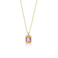 A square 18k Yellow Gold pendant set with a light pink sapphire. Three bead set diamond sit centered on top. 18k Yellow Gold Pink Sapphire Diamond Satin Finish 18k Yellow Gold Chain 1.08 Pink Sapphire 0.0115 ct Diamond Style gc467-4-6183 Pink Sapphire Pave Wedding Jewelry, Pink Diamond Necklace For Formal Occasions, Pink Pave Setting Jewelry For Gift, Pink Jewelry With Pave Setting As Gift, Elegant Rose Cut Square Diamonds Jewelry, Gold Jewelry With Rose Cut Diamonds And Pink Sapphire, Pink Diamond Necklace As Gift, Pink Diamond Necklace Gift, Rectangular Diamond Gemstone Necklace