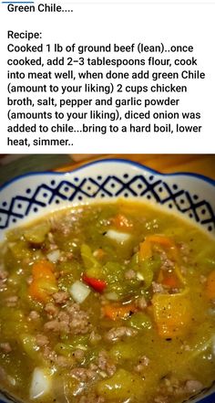 a bowl of soup with meat and vegetables in it on a table next to a recipe card