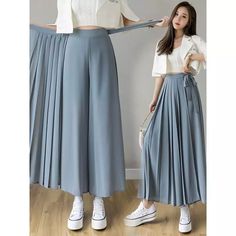 Women's Pleated Trousers High Waist Pants Wide Leg Chiffon Retro Irregular Chic | eBay Elegant Skirt Outfits, Tulle Skirts Outfit, Long Shirt Women, Stylish Prom Dress, Vietnam Fashion, Chic Skirts, Long Skirts For Women, Autumn Clothes, Wedding Dresses For Sale