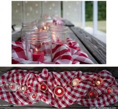 candles are lit in mason jars on a picnic table