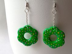 Earrings measure Approximately: 2-7/8" L One pair of handmade earrings. ~ Thank you kindly for taking the time to stop in and visit our shop. Please message us with any questions or concerns that you may have. Please stop back often to see our future listings. We love what we do & do what we love! SilverMoonStudio44 Green Handmade Fun Earrings, Handmade Polymer Clay Earrings For Birthday, Fun Green Earrings For Birthday, Handmade Green Earrings For Birthday, Green Drop Earrings For Birthday, Handmade Green Earrings For Birthdays, Handmade Green Fun Jewelry, Handmade Fun Green Jewelry, Handmade Green Jewelry With A Fun Style