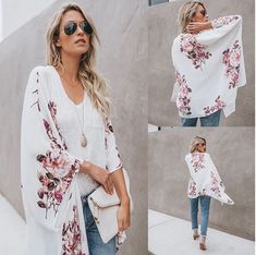 Everyone say it with me: "Floral is always on trend!" This fabulous kimono is the perfect partner to our criss-cross cami and is a great option for a day-to-night look. Generously cut, so if your normal size is sold out, try one smaller. Flowy V-neck Kimono For Day Out, Summer Feminine Floral Print Kimono, Feminine Floral Print Summer Kimono, Feminine Summer Kimono With Kimono Sleeves, Non-stretch Open Front Trendy Tops, Trendy Non-stretch Open Front Top, Feminine Beach Kimono For Summer, White V-neck Kimono For Day Out, White Open Front Kimono For Spring