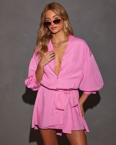 V-neckline Blouson sleeves Tie waist Collared Front pocket Lined 100% Polyester Pink Outfit Summer, All Pink Outfit, Traveling Abroad, Euro Summer, Blouson Sleeve, All Pink, Sleeveless Cardigan, Swimwear Bottoms, Dress Shirt Sleeves